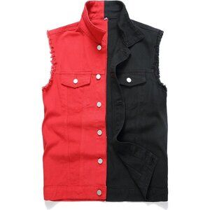 Denim RedBlack Lapel Sleeveless Slim Fit Retro Ripped Casual Jean Vest for Men's